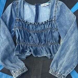 En Saison Blue Smocked Ruffled Denim Blouse